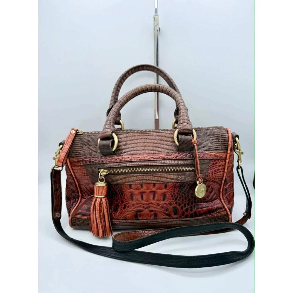 Brahmin Anna Satchel Embossed Leather Satchel Crossbody Bag Tassel Gold Hardware